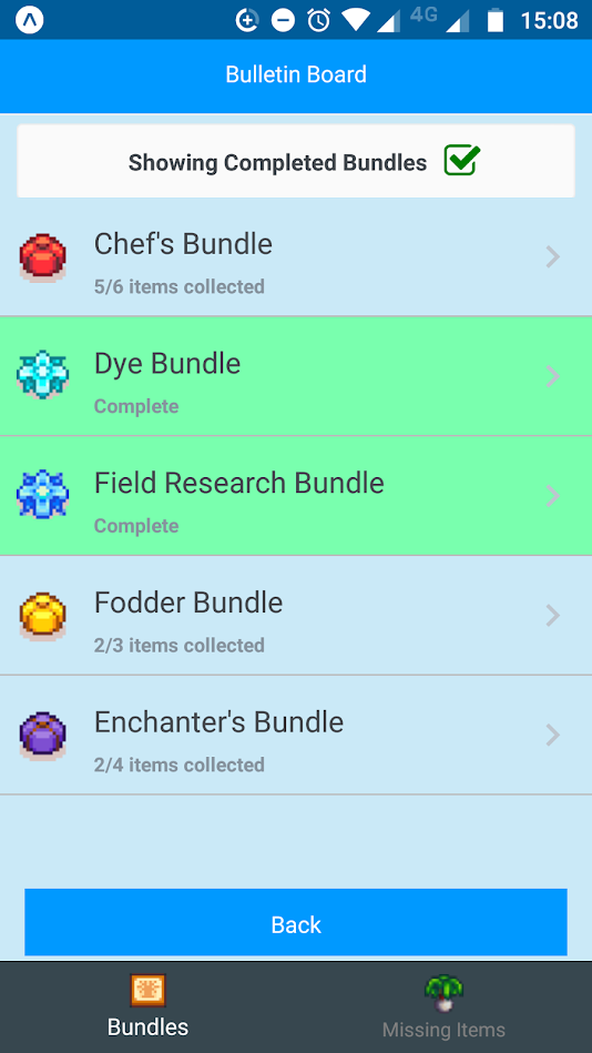 App screen showing Community Center bundle checklist